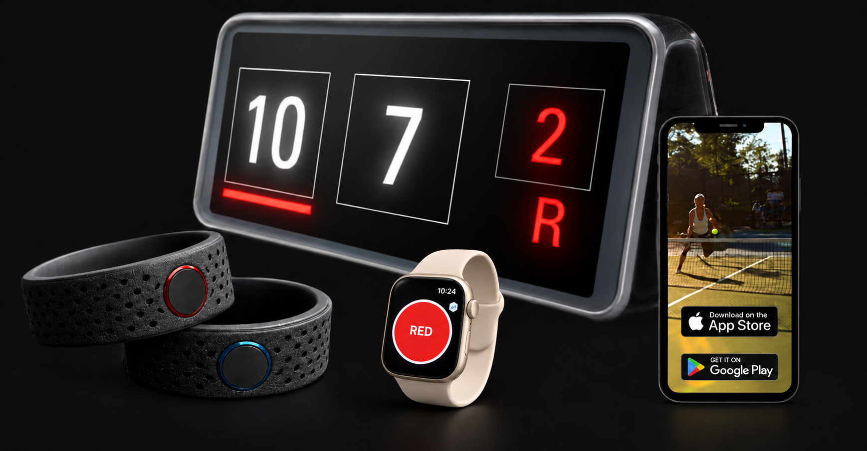 DIPSY concept illustration: scoreboard, two wristbands, Apple Watch and phone